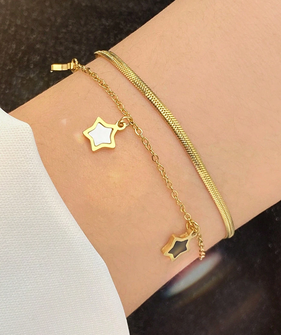 2pcs/Set Stainless Steel Double-Layered Pentagram Hip Hop Style Bracelet & Necklace