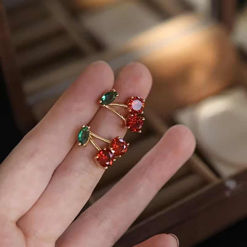 Cherry Stud Earrings - Red Gemstone & Green Leaf Design