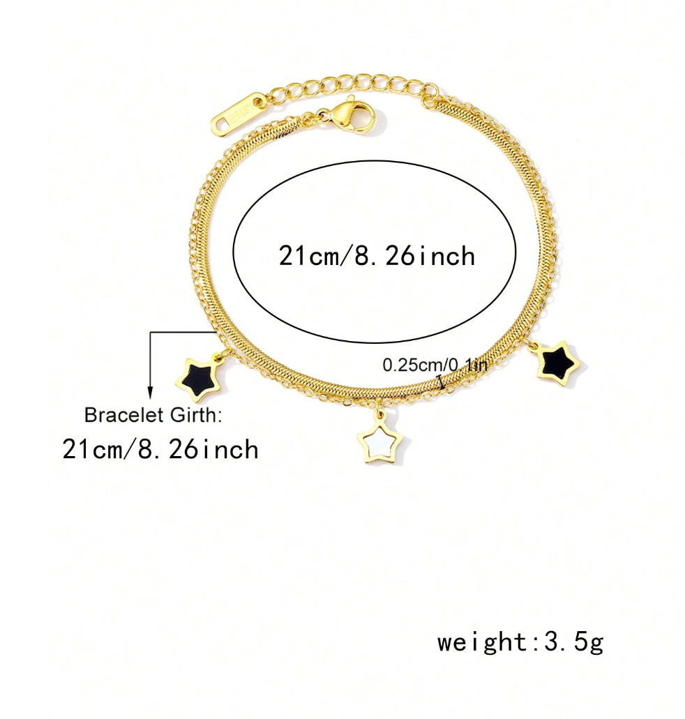 2pcs/Set Stainless Steel Double-Layered Pentagram Hip Hop Style Bracelet & Necklace