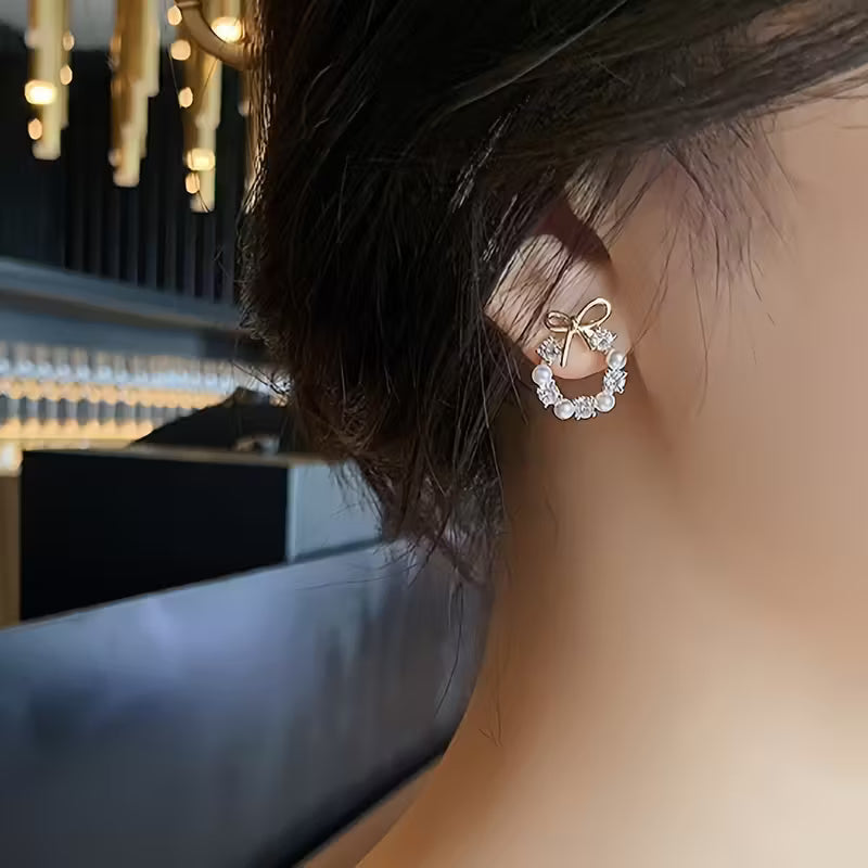 Elegant & Chic Bowknot Faux Pearl Stud Earrings - Zinc Alloy with Stainless Steel