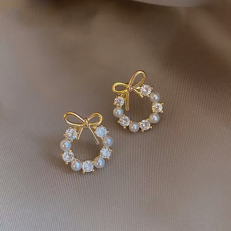 Elegant & Chic Bowknot Faux Pearl Stud Earrings - Zinc Alloy with Stainless Steel