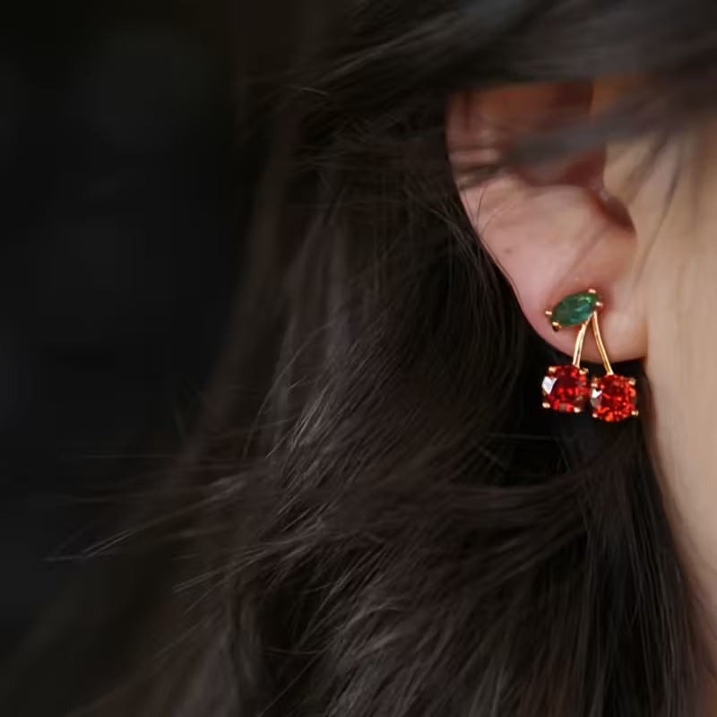 Cherry Stud Earrings - Red Gemstone & Green Leaf Design