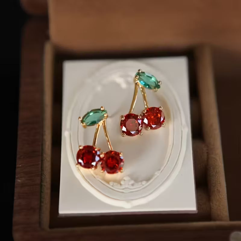 Cherry Stud Earrings - Red Gemstone & Green Leaf Design