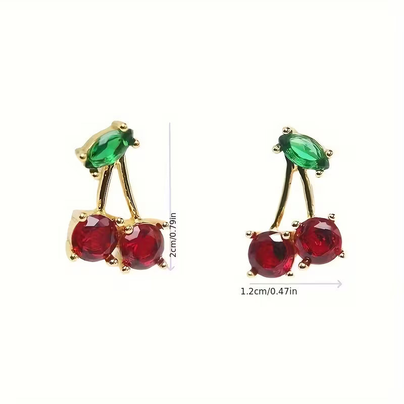 Cherry Stud Earrings - Red Gemstone & Green Leaf Design
