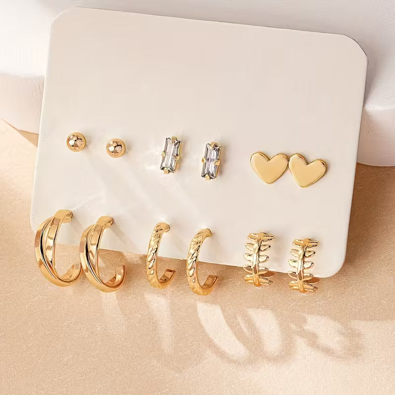 6-Pair Set Elegant Heart-Shaped Rhinestone Studs and Hoops