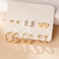 6-Pair Set Elegant Heart-Shaped Rhinestone Studs and Hoops