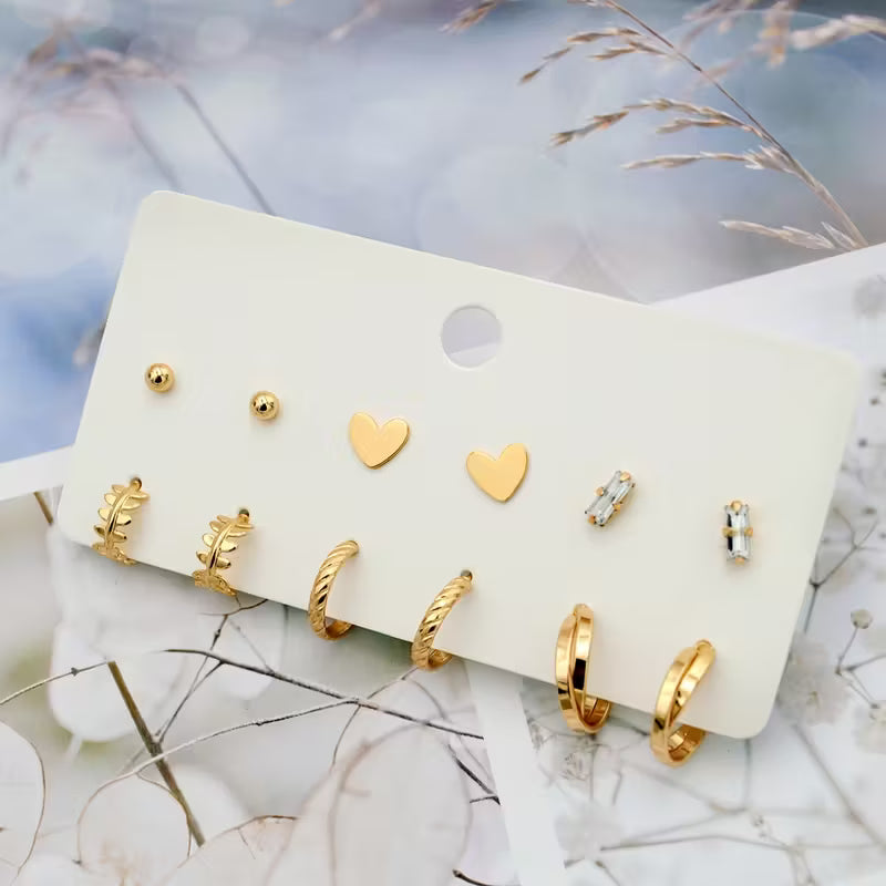 6-Pair Set Elegant Heart-Shaped Rhinestone Studs and Hoops