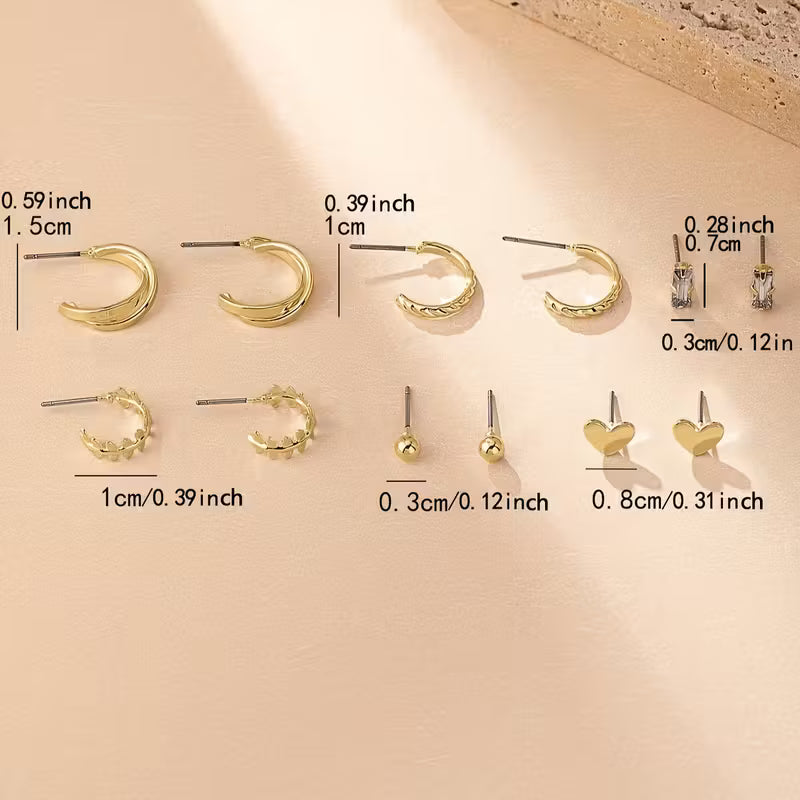 6-Pair Set Elegant Heart-Shaped Rhinestone Studs and Hoops