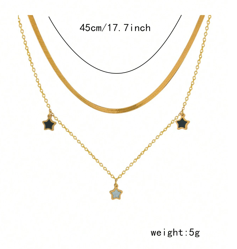 2pcs/Set Stainless Steel Double-Layered Pentagram Hip Hop Style Bracelet & Necklace