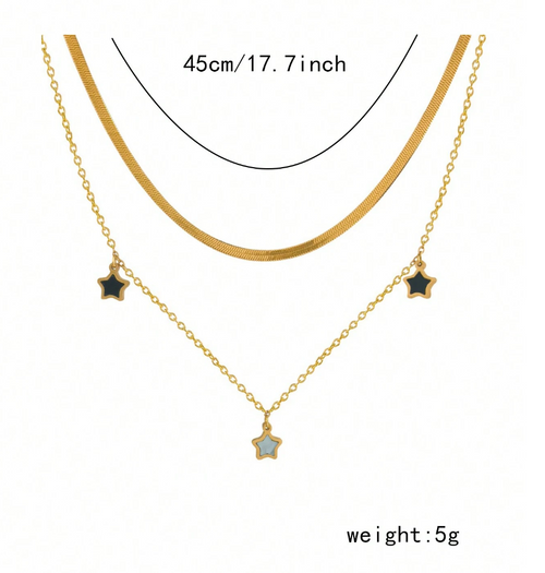 2pcs/Set Stainless Steel Double-Layered Pentagram Hip Hop Style Bracelet & Necklace