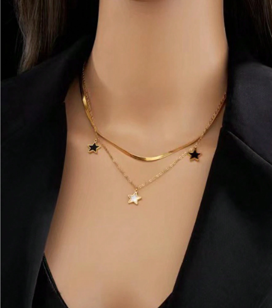 2pcs/Set Stainless Steel Double-Layered Pentagram Hip Hop Style Bracelet & Necklace