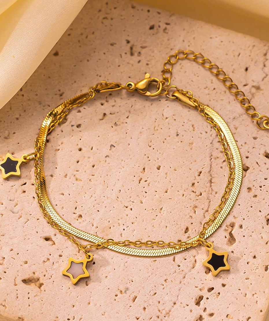 2pcs/Set Stainless Steel Double-Layered Pentagram Hip Hop Style Bracelet & Necklace