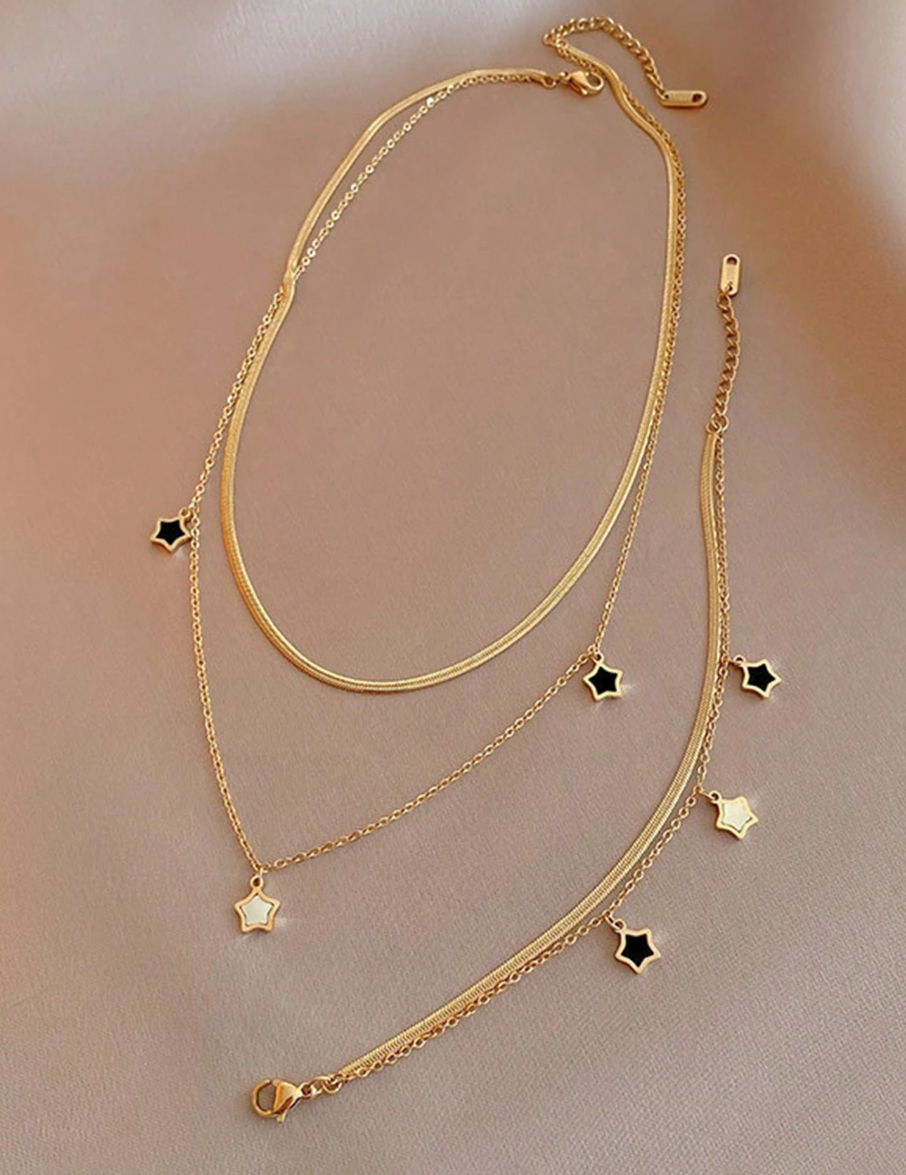 2pcs/Set Stainless Steel Double-Layered Pentagram Hip Hop Style Bracelet & Necklace